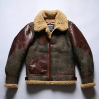 Fast Shipping,Men's Winter Shearling Sheepskin Jacket Warm Fur Collar Vintage Air Force Flight B-3 Genuine Leather