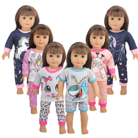 Lovely Cat Animal Shark T-shirt+shorts Clothes Set Pajamas Fit For American 18 Inch Girl Doll And 43cm Baby New Born,OG Toy Doll