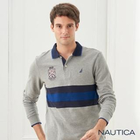 【NAUTICA】撞色織條拼接長袖POLO衫(灰色)