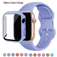 Glass+Case+Strap For Apple Watch band 44mm 41mm 45mm 40mm 38mm 42mm Silicone bracelet iWatch series 9 8 3 4 5 6 se 7 watchbands