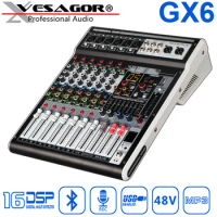 Vesagor DJ Mixer GX6 6 Channel Audio Mixer 16 DSP Reverb Effect Bluetooth 7 Band EQ Mixing Console USB MP3 PC Record Sound Card