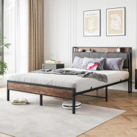 Queen Bed Frame, Storage Headboard with Charging Station, Metal Platform Bed Frame Queen Size Mattress Foundation