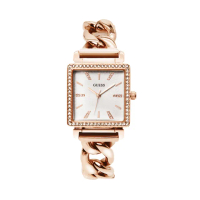 【GUESS】白面 玫瑰金殼 晶鑽方型 牛仔鍊式不鏽鋼錶帶 手錶 女錶 情人節(W1030L4)