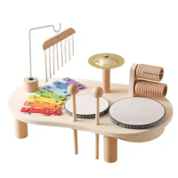 Kids Drum Set Montessori Educational Toy Drum Kit With Xylophone Wooden Musical Table Top Play Set Music Wind Chime For Kids
