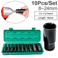 {COD} 10 Pcs Drive Deep Impact Socket Set 1/2 Inch 8024mm Panjang Mencapai Nut Perbaikan Alat Kunci 