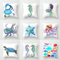 Blue Marine Turtles Octopus Sea Horse Starfish Throw Pillow Case For Sofa Home Decor Ocean Animal Polyester Cushion Cover