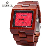 Bewell Wood Watch Men Fashion Wrist Watch, Wooden Band Rectangle Dial Analog Wristwatches, Water Resistant Casual Watches