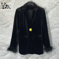 Y2K clothes designer autumn winter velvet black blazer coat for women traf chic office work Lady elegant Button jackets outwear