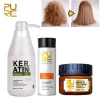 PURC 3 Pcs Keratin for Straightening Set Magical Treatment Hair Mask Purifying Shampoo Brazilian Keratin Hair Straightenr Care