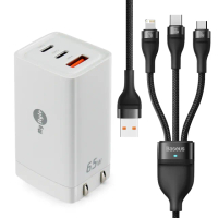 【MyStyle】65W GaN氮化鎵極速充電器-白+倍思 66W USB TO TYPE-C/Lightning/Micro快速充電線-黑(三孔1A2C)