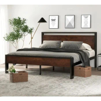 14 Inch King Size Metal Platform Bed Frame With Wooden Headboard and Footboard Mattress Foundation Large Under Bed Storage Queen