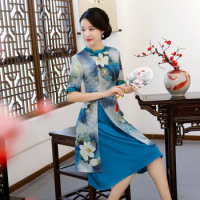 New Rayon Traditional Chinese Women Simple Dress Vintage Lady Floral Vietnam Aodai Qipao Summer Sexy Short Cheongsam