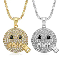 Hip Hop Bling Iced Out Solid Stainles Steel Zipper Shut Up Face Round Pendants Necklaces for Men Rapper Jewelry Drop Shipping