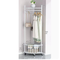 多功能晾衣架 衣帽架 簡約掛衣櫃 曬衣架 【轉角衣帽架-置物籃-淡雅白-帶輪子】