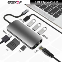 For Laptop 8-in-1 USB C HUB RJ45 PD100W Adapter USB 3.0 HUB 4K 60Hz Type C to HDTV 2.0 For Macbook iPad Pro Air M2 M1 Samsung