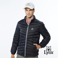 【Lynx Golf】男款保暖羽絨山貓織標LOGO夾標設計長袖外套-黑色