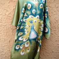 Wholesale Retail Women's Silk Robe Gown Printing Bathrobe Nightwear Kimono Gown Kaftan One Size Hot Selling