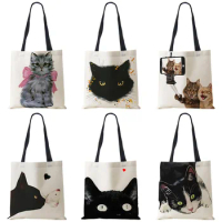 Customize Cute Watercolor Cat Painting Print Womens Designer Tote Bags Fabric Eco Reusable Shopper Shoulder Bags School Book Bag