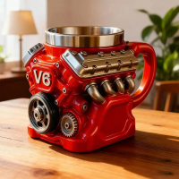 【Ghot】 V8/V6 Engines Stainless Steel Coffee Mug Funny V6 Car Engine Design Mug Coffee Cup Cocktail M