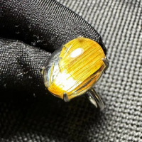 Natural Gold Rutilated Quartz Resizable Ring 14*11mm Women Men 925 Sterling Silver Gold Rutilated Wealthy Ring AAAAAA