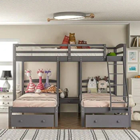 Bunk Bed, Construcción Robusta,No Requiere Somier,Triple Bunk Bed with Drawers