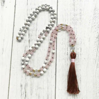 Natural White Howlite Rosequartz Mala 108 Mala Beads Necklace Buddhist Prayer Meditation Necklace Divine Thoughts