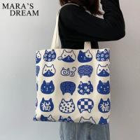 Mara's Dream Women Canvas BagsCat Print Tote Shopping Bags Casual Cloth Shoulder Bag For Girls Ladies Shopper Bags With Zipper