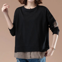 【ACheter】韓國藝文薄款格子拼接棉T寬鬆上衣#110671(3色)