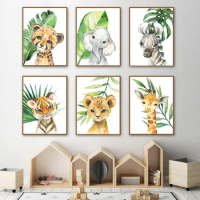 Boho Lion Leopard Elephant Zebra Tiger Leaves Nursery Poster Wall Art Print Canvas Painting Animal Pictures Baby Kids Room Decor