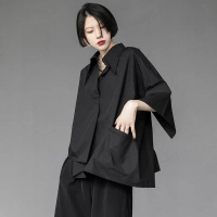 Summer Relaxed-Fit Loose-Sleeve Black Shirt for Women Designer-Inspired Niche Asymmetric Three-Quart