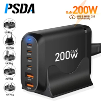 PSDA 3D 200W GaN 6 Ports 2USB+4PD Power Adapter PD 65W Fast Charger Type-C Charging Station for MacBook iPhone Samsung Xiaomi