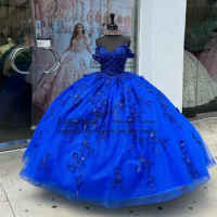 Royal Blue Ball Gown Quinceanera Dress Mexican 3D Flowers Applique Lace Sweet 16 Dress Off Shoulder Birthday Vestidos De XV Anos