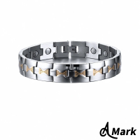 【A MARK】個性三角領結沖孔間金設計黑膽磁石鑲嵌316L鈦鋼手鍊(鈦鋼手鍊 磁石手鍊 三角手鍊)