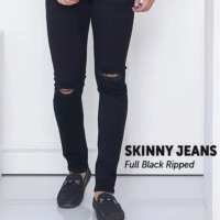 Celana Panjang Sobek Lutut Pria / robek Lutut Skinny RIPED Hitam Polos Cowok Denim