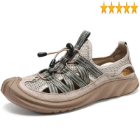 Large Outside Men Summer Sandal Size 38-48 Hollow Out Splice Mesh Wading Shoes Mens Breathable Slip On Flat Fisherman Sandals
