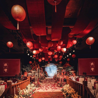 新中式婚慶道具舞臺頂部裝飾水墨畫婚禮飄頂紗幔卷軸畫吊頂紗布置
