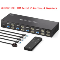 KVM Switch 2 Monitors 4 Computers 4K@60HZ HDMI KVM Switches Dual Monitor for 4 PC Sharing 2 Monitor and 4 USB3.0 Device keyboard