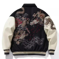 Black WineRed High Street Men Boys Streetwear Dragon Embroidered Loose Sukajan Souvenir Jacket Coats Fashionable Vintage Hip Hop