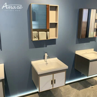 Modern Style Gray Bathroom Cabinet Aluminum Wall Mounted Ceramic Sink Bathroom Vanity Sink Cabinet With Mirror