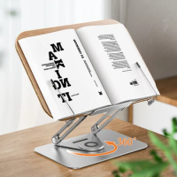 Bisofice Desktop Book Stand R10 with 360° Rotating Base Wooden Panel Page Clip Foldable Angle Adjustable for Reading Book Holder