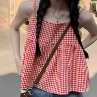 ZANZEA Women Sleeveless Tank Vest Sexy Plaid Print Tops 2024 Summer Sweety Beach A-line Tops Holiday Y2K Suspenders Cropped Tops