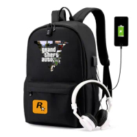 Anime Grand theft Auto GTA5 Game USB Backpack Bag w/ USB Port/Lock /Headphone Travel School Students Book Bag