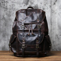 NZPJ Vintage Genuine Leather Men's Backpack Crazy Horse Leather Backpack Natural Cowhide Parachute Bag Large Capacity Laptop