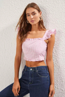 Trendyol Pink Gingham Pattern With Back Lace Ruffle Detail Crop Woven Blouse