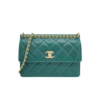 CHANEL 香奈兒 展示品 仿舊金雙C牛皮金釦掀蓋斜背包(AS4157-森林綠)