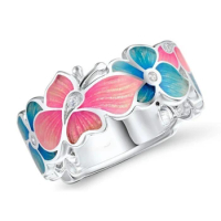 Exquisite Pink Blue Enamel Butterfly Vintage 925 Silver Wedding Ring Engagement Bridal Jewelry Christmas Gift Wedding Ring