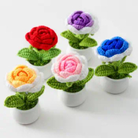 Simulated Rose Potted Plants Handwoven Simulation Pot Knitting Rose Flower Bonsai Mini Potted Plants Crochet Ornament for Home