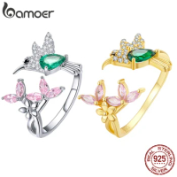 BAMOER 925 Sterling Silver Hummingbird Open Ring Dazzing CZ Adjustable Finger Rings for Women Silver Jewelry Gift BSR016