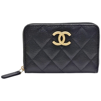 CHANEL 經典復古金屬大雙C LOGO菱格粒紋牛皮雙層卡夾/零錢包(黑色)