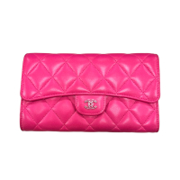 【二手名牌BRAND OFF】CHANEL 香奈兒 桃紅色 羊皮 菱格紋 Coco 三折 長夾 A31506